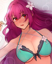  bad_id bad_pixiv_id bikini blush breasts cleavage commentary_request fate/grand_order fate_(series) female flower fufufu_hehehe green_bikini hair_flower hair_ornament highres jacket large_breasts long_hair looking_at_viewer open_mouth purple_hair red_eyes scathach_(fate) scathach_skadi_(fate) scathach_skadi_(swimsuit_ruler)_(fate) scathach_skadi_(swimsuit_ruler)_(final_ascension)_(fate) see-through see-through_jacket solo swimsuit 