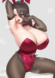  absurdres armpits bare_shoulders breasts brown_hair cleavage female hair_over_shoulder highres huge_breasts kirinkirin licking licking_armpit long_hair looking_at_viewer naughty_face open_mouth original pink_eyes playboy_bunny sitting solo steaming_body sweat 