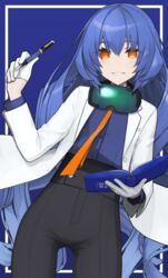  bangs black_pants blue_background blue_hair blue_shirt blush book commentary_request copyright_request dress_shirt eyebrows_visible_through_hair female fountain_pen gloves goggles goggles_around_neck hair_between_eyes highres holding holding_book holding_pen labcoat long_hair long_sleeves looking_at_viewer mikoto_(oi_plus) open_book open_clothes orange_eyes orange_neckwear pants parted_lips pen shirt smile solo two-tone_background very_long_hair white_background white_gloves 