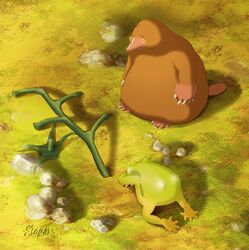  2others check_commentary claws commentary_request crying day dutch_angle frog from_above grass hachiya_shohei highres looking_at_object mole_(animal) multiple_others nature original outdoors personification tail 