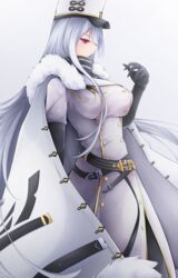  absurdres azur_lane black_gloves breasts buttons coat coat_dress double-breasted elbow_gloves female from_side gloves gold_trim hair_between_eyes hat high_collar highres large_breasts long_hair looking_at_viewer military_hat osatou_(soul_of_sugar) red_eyes sideways_glance simple_background solo sovetskaya_rossiya_(azur_lane) standing very_long_hair white_background white_coat white_hair 