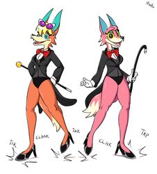  2020 5_fingers animal_crossing anthro audie_(animal_crossing) bare_legs black_clothing black_coat black_footwear black_high_heels black_panties black_shoes black_tie_(suit) black_topwear black_underwear black_vest blonde_hair blue_eyes blush bow_(feature) bow_in_front bow_tie cane canid canine canis cheek_tuft clothing coat contact_onomatopoeia dance_shoes dancewear dancing dipstick_hair dipstick_tail eyelashes eyewear facial_markings facial_tuft fangs female fingers footwear freya_(animal_crossing) fur fur_hair glistening glistening_body glistening_clothing glistening_footwear glistening_fur glistening_hair glistening_high_heels gloves hair hands_behind_back handwear head_markings hi_res high_heels holding_cane holding_object impact_lines impact_onomatopoeia looking_at_viewer mammal markings multicolored_body muzzle_(marking) narrowed_eyes nintendo onomatopoeia open_mouth open_smile panties plantigrade purple_eyewear purple_sunglasses raised_heel red_bow_tie red_neckwear sega-htf shirt shoes simple_background smile smiling_at_viewer snout snout_markings solo sound_effects suit sunglasses tail tail_markings tailcoat tan_body tan_fur tan_markings tan_tail_tip tap_dancing tap_shoes teeth text topwear tuft two_tone_body two_tone_tail underwear vest white_background white_clothing white_gloves white_handwear white_shirt white_topwear wolf yellow_eyes 