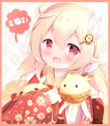  2021 :d ahoge blonde_hair blush commentary english_commentary engrish_commentary feather_hair_ornament feathers female floral_print genshin_impact hair_between_eyes hair_ornament japanese_clothes kimono klee_(genshin_impact) long_hair long_sleeves looking_at_viewer low_twintails open_mouth pointy_ears print_kimono red_eyes red_kimono renew_vivi sleeves_past_wrists smile solo twintails upper_body white_feathers wide_sleeves 