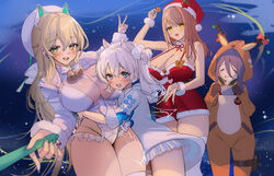  4girls absurdres animal_costume animal_ear_fluff animal_ears ash_(cat7evy) bare_shoulders bell beret black_hair blonde_hair blue_eyes blush bow breasts brown_hair christmas cleavage clinging controller dress earrings emma_(color_me_red)_(nikke) emma_(nikke) exia_(joy_to_the_nerds)_(nikke) exia_(nikke) fingernails fur_cuffs fur_hat fur_trim game_console game_controller goddess_of_victory:_nikke green_eyes hair_between_eyes hair_ornament hairclip hands_up hat head_on_chest highres holding holding_controller holding_game_controller hood hoodie hug jewelry jumpsuit large_breasts light logo long_hair long_sleeves looking_at_viewer multiple_girls n102_(miracle_fairy)_(nikke) n102_(nikke) nail_polish neck_bell official_alternate_costume open_mouth pouch red_dress reindeer_costume ribbon rupee_(nikke) rupee_(winter_shopper)_(nikke) santa_costume santa_dress santa_hat shiny_clothes short_sleeves sidelocks simple_background smile standing thigh_pouch thighs upper_body watch white_hair wristwatch yellow_eyes 