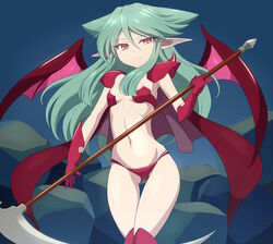  ass_visible_through_thighs blue_background breasts clam_curry demon_girl female gloves green_hair hair_between_eyes highres holding holding_scythe large_wings long_hair looking_at_viewer navel panties pointy_ears red_eyes red_gloves red_panties red_wings riviera scythe small_breasts solo standing underwear vampire wings 