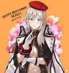  alisa_ilinichina_amiella blue_eyes breasts cleavage female gloves god_eater god_eater_resonant_ops hair_between_eyes hat highres jacket jacket_on_shoulders long_hair long_sleeves looking_at_viewer navel off_shoulder official_alternate_costume official_alternate_hair_length official_alternate_hairstyle sakuremi smile solo white_gloves 