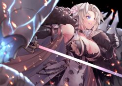  azur_lane bad_id bad_pixiv_id bare_shoulders black_bra black_gloves blue_eyes bra bra_peek breasts cape cleavage dress elbow_gloves female from_side fur-trimmed_cape fur_trim gloves highres holding holding_sword holding_weapon kronshtadt_(azur_lane) large_breasts light_brown_hair long_hair mole mole_on_breast rigging solo sword take_yaki underwear upper_body very_long_hair weapon white_cape white_dress 