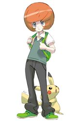  1boy backpack bag black_pants commentary english_commentary full_body green_footwear grey_eyes highres male_focus orange_hair pants pikachu pinkgermy pokemon pokemon_(creature) pokemon_sm shoes signature simple_background standing trevor_(pokemon) white_background 