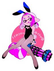  :q animal_ears black_bow black_bowtie black_footwear black_leotard blunt_bangs bob_cut bow bowtie closed_eyes commentary dated fake_animal_ears fake_tail female flats grey_pantyhose heavy_splatling_(splatoon) highres holding holding_weapon ika_shicomcom inkling inkling_girl inkling_player_character leotard long_hair looking_at_viewer pantyhose playboy_bunny pointy_ears purple_eyes purple_hair rabbit_ears rabbit_tail short_hair sitting smile solo splatoon_(series) strapless strapless_leotard tail tentacle_hair tights_day tongue tongue_out translated weapon white_background 