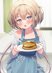  :o apron blue_apron blurry blurry_background blush brown_hair collarbone commentary_request curtains depth_of_field ebihara_beniko female food frilled_apron frills hair_between_eyes hands_up highres holding holding_plate indoors long_hair looking_at_viewer low_twintails mochi_(ebihara_beniko) notice_lines oerba_yun_fang off_shoulder open_mouth original pancake pancake_stack plate polka_dot polka_dot_apron purple_eyes shirt short_sleeves solo translated twintails very_long_hair white_shirt window 