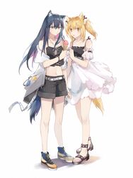  2girls :o alternate_costume animal_ears arknights bare_legs bare_shoulders belt black_footwear black_hair black_shorts blonde_hair brown_eyes camisole commentary crop_top cross-laced_clothes detached_sleeves dog_tags food full_body hair_between_eyes highres holding holding_food ice_cream jacket lizi_(st3648) long_hair looking_at_viewer midriff multicolored_hair multiple_girls navel off_shoulder open_clothes open_jacket open_mouth pink_hair pocky puffy_short_sleeves puffy_sleeves sandals shoes short_hair short_sleeves shorts sidelocks simple_background skirt sneakers sora_(arknights) spaghetti_strap standing stomach strapless tail texas_(arknights) thighs tube_top twintails white_background white_belt white_jacket white_skirt wolf_ears wolf_tail 