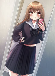  bad_id bad_pixiv_id black_bow black_shirt black_skirt blush bow brown_hair cellphone closed_mouth commentary_request dutch_angle female grey_sailor_collar hair_between_eyes hand_on_own_hip hand_up holding holding_phone indoors long_hair long_sleeves midriff_peek minami_saki mirror navel original phone pleated_skirt red_eyes reflection sailor_collar selfie shirt skirt sleeves_past_wrists solo standing taking_picture v-shaped_eyebrows very_long_hair 