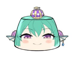  blush closed_mouth crown earrings female finana_ryugu fins fish_girl flower food foodification hair_flower hair_ornament head_fins jewelry looking_at_viewer nijisanji nijisanji_en psycho_orb pudding purple_eyes simple_background smile solo transparent_background virtual_youtuber 