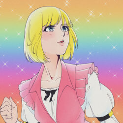  1980s_(style) bishie_sparkle blonde_hair blouse blush byackopath_(artist) clenched_hand commentary_request fabulous fabulous_secret_powers_(meme) female genderswap_(mtf) green_eyes highres looking_afar masters_of_the_universe meme open_mouth pink_vest prince_adam rainbow retro_artstyle rule_63 shirt short_hair solo sparkle upper_body vest white_shirt 