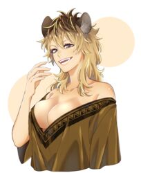  animal_ears blonde_hair breasts brown_hair brown_shirt con_potata female genderswap_(mtf) grey_eyes hyena_ears long_hair medium_breasts multicolored_hair off_shoulder open_mouth ruggie_bucchi rule_63 shirt smile solo teeth twisted_wonderland 