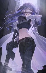  absurdres armpit_peek assault_rifle belt black_belt black_gloves black_pants black_shirt blue_archive blue_eyes buckle coat covered_mouth crop_top detached_sleeves feet_out_of_frame female gloves gun halo highres holding holding_gun holding_weapon hxxg long_hair looking_at_viewer midriff navel pants purple_hair rifle saori_(blue_archive) scope shirt sig_516 sig_sauer sleeveless sleeveless_shirt snap-fit_buckle solo standing stomach underbust wall weapon white_coat 