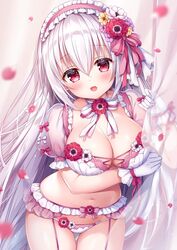  blurry bra breasts choker cleavage cover_image cowboy_shot curtain_grab curtains female flower garter_belt gloves grey_hair hair_flower hair_ornament headdress holding kyuketsuki-chan_(mitsuba_choco) large_breasts lingerie long_hair looking_at_viewer mitsuba_choco navel oerba_yun_fang open_mouth original panties petals red_eyes ribbon_choker see-through see-through_sleeves short_sleeves smile solo stomach thigh_gap thighs underwear underwear_only very_long_hair white_bra white_gloves white_panties 