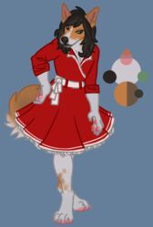  ambiguous_gender anthro canid canine canis clothed clothing deermary domestic_dog dress hi_res ibizian_hound male mammal paws red_clothing red_dress solo 