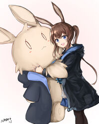  amiya_(arknights) animal_ears arknights blue_eyes brown_hair choshanland_plushy_(arknights) commentary female highres hood hood_down hooded_jacket hugging_doll hugging_object jacket jewelry long_hair omuretu_(butterroru) open_mouth pantyhose ponytail rabbit_ears ring solo stuffed_animal stuffed_rabbit stuffed_toy 