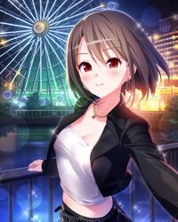  absurdres bad_id bad_pixiv_id blush breasts bridge brown_hair building cleavage earrings female ferris_wheel highres idol_wars_z jewelry lens_flare long_sleeves looking_at_viewer necklace night official_art outdoors railing red_eyes shirt short_hair small_breasts solo standing strapless third-party_source tojo_seira tube_top white_shirt 