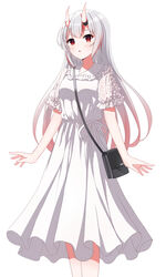  :o absurdres alternate_costume bag blush breasts commentary_request dress female frilled_dress frills gradient_hair hair_between_eyes highres hololive horns karashi_(asarikarasi) long_hair looking_at_viewer multicolored_hair nakiri_ayame open_mouth red_eyes red_hair short_sleeves shoulder_bag sidelocks simple_background skin-covered_horns small_breasts solo streaked_hair virtual_youtuber white_background white_dress white_hair 