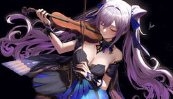  bare_shoulders black_dress blue_skirt blush breasts closed_eyes closed_mouth cone_hair_bun dress female genshin_impact hair_bun hair_ribbon highres instrument keqing_(genshin_impact) keqing_(opulent_splendor)_(genshin_impact) long_hair medium_breasts music nail_polish official_alternate_costume piukute062 playing_instrument purple_hair purple_nails ribbon skirt solo swept_bangs twintails two-tone_ribbon violin 