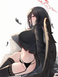  absurdres bbul_horn black_hair black_panties black_shirt black_thighhighs blue_archive blurry breasts collared_shirt crop_top crop_top_overhang depth_of_field feathered_wings feathers female from_side garter_belt hair_between_eyes halo hasumi_(blue_archive) highres lace_trim large_breasts long_hair long_sleeves looking_at_viewer mole mole_under_eye navel no_pants panties parted_lips pillow red_eyes sailor_collar shirt sitting solo stomach string_panties thighhighs thighs underwear very_long_hair wings yokozuwari 