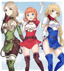  3girls alternate_costume annette_fantine_dominic armor blonde_hair blue_dress blue_eyes blue_footwear blue_hair blue_sky blunt_bangs boobplate boots border braid breastplate breasts brown_footwear brown_gloves brown_legwear catria_(fire_emblem) catria_(fire_emblem)_(cosplay) commentary_request commission cosplay cross-laced_clothes day dress elbow_gloves est_(fire_emblem) est_(fire_emblem)_(cosplay) feet_out_of_frame fingerless_gloves fire_emblem fire_emblem:_mystery_of_the_emblem fire_emblem:_shadow_dragon fire_emblem:_three_houses gloves green_dress green_eyes green_footwear hair_over_shoulder hair_rings hand_on_own_face haru_(nakajou-28) highres ingrid_brandl_galatea long_hair low_ponytail mercedes_von_martritz multiple_girls orange_hair outdoors outside_border palla_(fire_emblem) palla_(fire_emblem)_(cosplay) pantyhose partial_commentary pegasus_knight_uniform_(fire_emblem) purple_eyes red_dress short_dress short_hair short_sleeves shoulder_armor side_slit single_braid skeb_commission sky small_breasts standing thigh_boots thighhighs thighhighs_over_pantyhose thighhighs_under_boots tunic waving white_border white_gloves white_thighhighs 