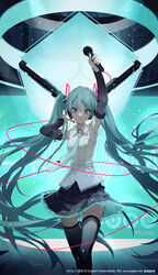  aqua_eyes aqua_hair aqua_necktie aqua_theme arm_up armpits artist_name bare_shoulders black_skirt black_sleeves black_thighhighs closed_mouth collared_shirt commentary copyright_notice cube detached_sleeves eyebrows_hidden_by_hair female floating_clothes floating_hair floating_neckwear grey_thighhighs hair_between_eyes hair_ornament hatsune_miku hatsune_miku_(vocaloid4) headphones headset highres holding holding_microphone long_hair long_sleeves microphone miniskirt necktie nine_(liuyuhao1992) official_art play_button pleated_skirt shirt skirt sleeveless sleeveless_shirt smile solo symbol-only_commentary thighhighs twintails v4x very_long_hair vocaloid watermark web_address white_shirt zettai_ryouiki 