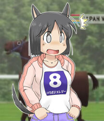  0_0 ^^^ animal_ears black_eyes black_hair blue_pants blush casual cat_ears cat_girl cat_tail commentary_request female gaketsu highres jacket japan_world_cup mosaic_background nichijou no_nose open_mouth pants pink_jacket shinonome_nano shirt short_hair solo surprised t-shirt tail tail_raised tears translation_request wide-eyed winding_key 