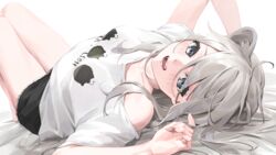  :d animal_ears bed_sheet black_eyes black_shorts female grey_hair highres hololive kanoe_(tatsukanoe) knees_up lion_ears long_hair looking_at_viewer lying off_shoulder official_alternate_costume official_alternate_hairstyle on_back on_bed print_shirt shirt shishiro_botan shishiro_botan_(casual) short_sleeves shorts simple_background smile solo virtual_youtuber white_background white_shirt 