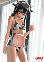  2021 alternate_costume animal_costume animal_ears animal_print bikini black_hair blue_eyes breasts chinese_zodiac cow_costume cow_ears cow_horns cow_print curtains disgust fake_animal_ears fake_horns fake_udder female glasses hair_between_eyes highres horns kantai_collection long_hair mu-pyon new_year ooyodo_(kancolle) open_mouth shaded_face small_breasts solo swimsuit twitter_username udder window year_of_the_ox 