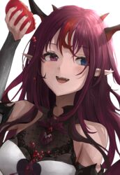  absurdres bare_shoulders blue_eyes breasts chan1moon fangs female food fruit heterochromia highres holding holding_food holding_fruit hololive hololive_english irys_(hololive) irys_(irys_1.0)_(hololive) long_hair looking_to_the_side pointy_ears pomegranate purple_eyes purple_hair purple_nails sideways_glance solo teeth upper_teeth_only virtual_youtuber 