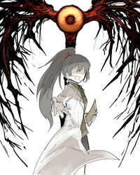  bad_id bad_pixiv_id beckoning buttons carmen_(project_moon) coat collared_shirt commentary_request eyeball facing_viewer female from_side green_shirt grey_hair highres holding holding_paper horror_(theme) kankan33333 lab_coat lobotomy_corporation long_coat long_hair long_sleeves monster no_eyes open_clothes open_coat open_mouth outstretched_hand paper ponytail project_moon shaded_face shirt simple_background solo the_burrowing_heaven white_background white_coat 