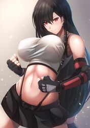  armpit_peek bare_shoulders belt black_belt black_hair black_skirt blush breasts clenched_hands commentary_request cowboy_shot crop_top earrings elbow_gloves female final_fantasy final_fantasy_vii final_fantasy_vii_remake fingerless_gloves gauntlets glint gloves gradient_background grey_background groin hair_between_eyes highres jewelry large_breasts long_hair looking_at_viewer low-tied_long_hair midriff miniskirt navel pleated_skirt red_eyes shirt skirt smile solo standing suspender_skirt suspenders tank_top taut_clothes taut_shirt tifa_lockhart tiri_man white_tank_top 