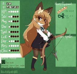  anthro averi_(fiddleafox) bottomwear bow_(weapon) brown_body brown_eyes brown_fur canid canine clothing dipstick_tail english_text female female_anthro fire_emblem fire_emblem_three_houses fox fur gloves_(marking) hair hi_res leg_markings mammal markings nintendo ranged_weapon red_fox sentypurr skirt socks_(marking) solo standing tail tail_markings text true_fox weapon white_body white_fur 