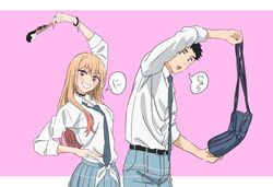  1boy absurdres arm_up bag black_choker black_hair blonde_hair choker female gojou_wakana highres kitagawa_marin multicolored_hair necktie official_art open_mouth pink_background pink_hair red_eyes school_bag school_uniform shirt smile sono_bisque_doll_wa_koi_wo_suru teeth thought_bubble translated white_shirt yamazaki_jun 