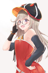  :d absurdres adjusting_eyewear bare_shoulders black-framed_eyewear black_hat blush cabbie_hat commentary detached_sleeves dress fangs female glasses gloves grey_hair hat highres komori_met komori_met_(1st_costume) long_hair looking_at_viewer nanashi_inc. nine_(user_smer5442) open_mouth partially_fingerless_gloves purple_eyes red_dress semi-rimless_eyewear short_dress simple_background single_glove sleeveless sleeveless_dress smile solo v_ap_art virtual_youtuber white_background 