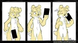  ambiguous_gender anthro canid censor_bar drayventhal eating eating_censor_bar featureless_crotch fluffy fur humor lol_comments mammal multicolored_body multicolored_fur physical_censor_bar solo standing two_tone_body two_tone_fur white_body white_fur yellow_body yellow_fur 