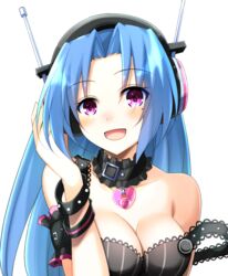  5pb_(neptunia) bare_shoulders black_dress blue_hair blush breasts cleavage collar collarbone commentary doria_(p_f_dolia) dress english_commentary female hair_intakes hand_in_own_hair headphones heart heart_necklace highres jewelry long_hair looking_at_viewer medium_breasts necklace neptune_(series) open_mouth purple_eyes simple_background sleeveless sleeveless_dress solo upper_body white_background wristband 