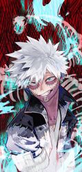  1boy blue_eyes boku_no_hero_academia burn_scar dabi_(boku_no_hero_academia) highres jacket looking_at_viewer male_focus messy_hair piercing scar scar_on_face shirt slit_pupils solo spiked_hair spoilers teeth todoroki_touya twitter_username unou_(unou_mha) v-neck white_hair white_shirt 