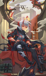  arknights assault_rifle black_coat black_jacket bomb c4 coat detonator explosive female gloves grenade_launcher grey_hair gun highres horns jacket looking_at_viewer m4_carbine mk_18_carbine open_clothes open_jacket photoshop_(medium) red_eyes rifle rifle_cartridge sima_naoteng sitting smoke solo w_(arknights) weapon 