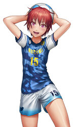  :d arms_behind_back arms_up artist_name ball blue_shirt commentary_request cowboy_shot female hands_up highres holding holding_ball jersey nocchi original purple_eyes red_hair shirt short_hair short_sleeves shorts simple_background smile soccer_ball solo straight_hair teeth thighs tomboy tsurime twitter_logo variant_set white_background white_shorts 