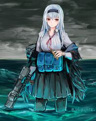  artist_name black_gloves black_jacket black_pantyhose black_skirt blue_hair breasts bullet closed_mouth clothes_pull female fur-trimmed_jacket fur_trim girls&#039;_frontline gloves gun hairband handgun highres holding holding_bullet holding_gun holding_weapon jacket jacket_pull lithographica long_hair looking_at_viewer neck_ribbon pantyhose red_eyes red_ribbon ribbon scar scar_on_neck shirt single_glove skirt solo standing suspender_skirt suspenders thunder_(girls&#039;_frontline) triple_action_thunder water weapon white_shirt 