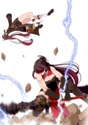  2girls angry beidou_(genshin_impact) black_hair breasts brown_hair chinese_clothes cleavage closed_eyes club_(weapon) commentary_request debate_club_(genshin_impact) defeat eyepatch fighting genshin_impact hair_between_eyes hair_ornament hair_over_one_eye hairpin hat highres holding holding_club holding_weapon hu_tao_(genshin_impact) lightning long_hair long_sleeves looking_at_another multiple_girls muscular muscular_female porkpie_hat sidelocks simple_background sleeveless thrown twintails weapon white_background yasehattagi 