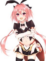  1boy astolfo_(fate) astolfo_(saber)_(fate) bangs black_bow black_gloves black_legwear black_ribbon blush bow bowtie commentary_request crossed_arms eyebrows_visible_through_hair fate/grand_order fate_(series) gloves hair_between_eyes hair_intakes hair_ribbon hairbow highres long_hair looking_at_viewer male_focus midriff multicolored_hair navel nerua oerba_yun_fang otoko_no_ko pink_hair purple_eyes ribbon simple_background smile solo streaked_hair thighhighs twintails white_background white_hair 