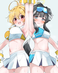  2girls ahoge animal_ears armpits black_hair blonde_hair blue_archive blue_eyes blush braid breasts cheerleader crop_top dog_ears dog_girl dog_tail eyewear_on_head goggles goggles_on_head gradient_background grey_background halo hibiki_(blue_archive) hibiki_(cheer_squad)_(blue_archive) highres holding holding_pom_poms kotori_(blue_archive) kotori_(cheer_squad)_(blue_archive) long_hair looking_at_viewer machismo_fuji medium_breasts midriff millennium_cheerleader_outfit_(blue_archive) miniskirt multiple_girls navel official_alternate_costume open_mouth pleated_skirt pom_pom_(cheerleading) presenting_armpit red_eyes shirt skirt sleeveless smell smile standing steam steaming_body sticker_on_face sweat tail wet white_skirt 