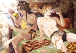  2boys animal_ears animal_print bed blonde_hair bottle braid brown_hair con_potata cup dark_skin green_eyes grey_eyes holding holding_bottle holding_cup hyena_ears hyena_tail leona_kingscholar leopard_print lion_ears lion_tail long_hair male_focus male_underwear multiple_boys nipples pillow ruggie_bucchi scar spiked_hair tail tongue tongue_out topless_male twisted_wonderland underwear 