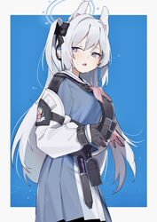  armband belt blue_archive border breasts commentary female gloves grey_hair hair_ornament halo highres hufy looking_to_the_side medium_breasts miyako_(blue_archive) purple_eyes ribbon school_uniform simple_background sweat tactical_clothes white_border 