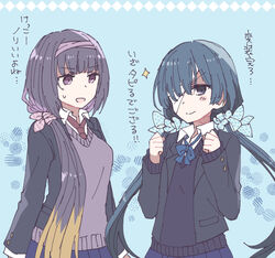  2girls bandage_over_one_eye black_hair blazer bow brown_hair fate/grand_order fate_(series) fist_pump hairband jacket long_hair low_twintails mikan_tabetai mochizuki_chiyome_(fate) multiple_girls necktie osakabehime_(fate) translation_request twintails 